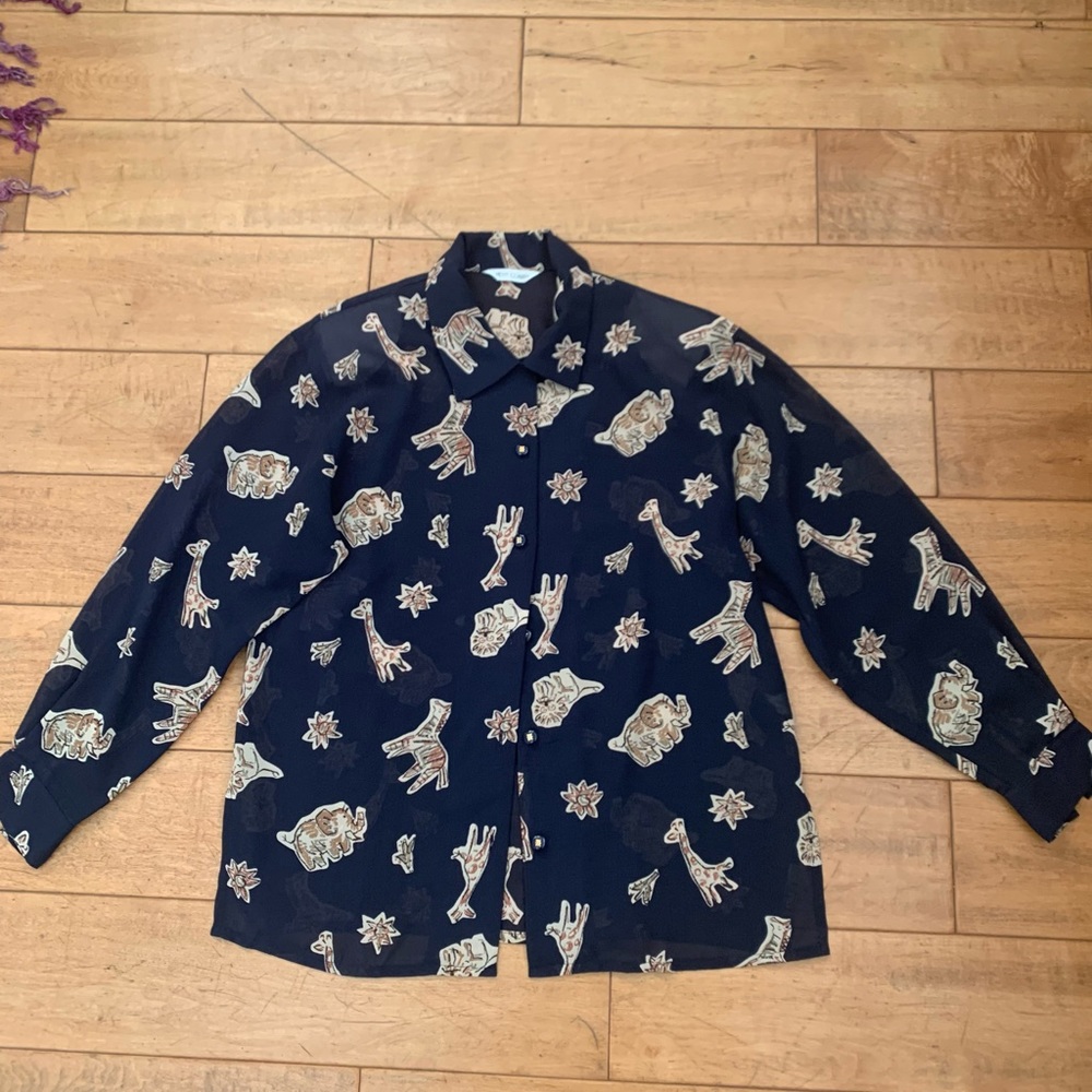 Vintage Japanese Animal Print Semi Sheer Button Front Blouse M